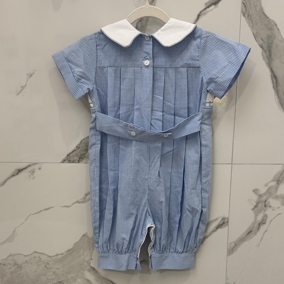 Smocked Blue Gingham Baby Romper with Lion Embroidery - Picture 3 of 4